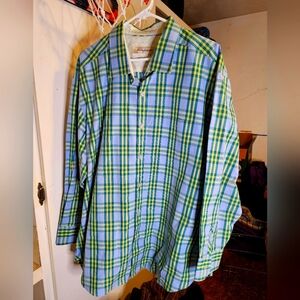 Tommy Bahama Stripe Checker Board Green Blue Long Sleeve Button Up Shirt XL